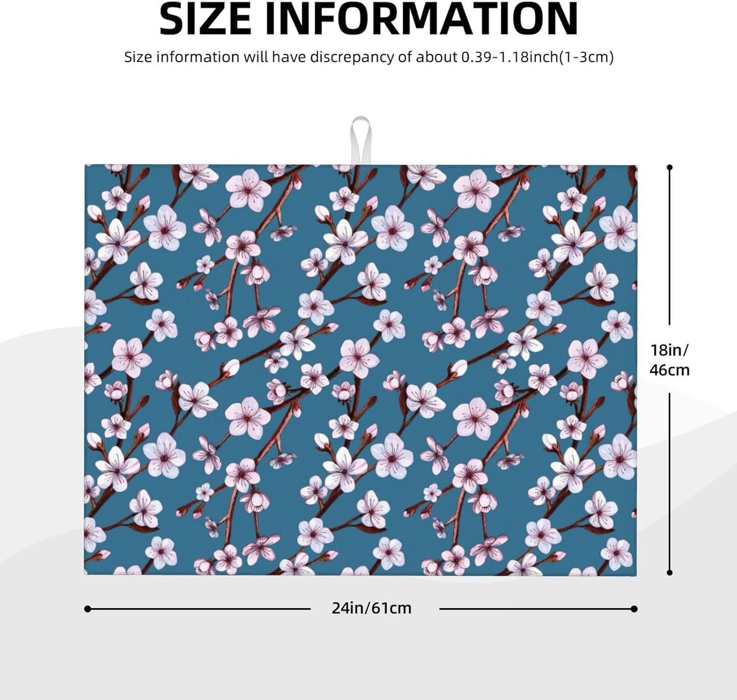 Cherry Blossom Dish Drying Mat, Branch Floral Microfiber Absorbent Drying Mats Reversible Kitchen Countertop Protector Dishes Drainer Rack Pad 18x24 Inch (Blue)