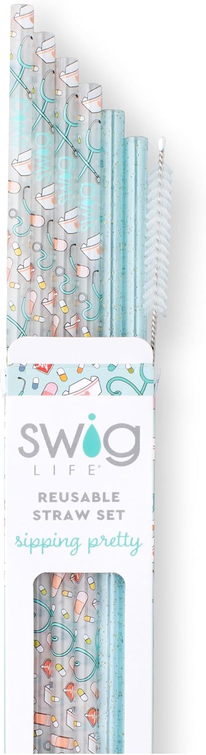 Swig Life Reusable Straws Scrub Life + Aqua Glitter Tall Straw Set & Cleaning Brush, Each Straw is 10.25 inch Long, Nurse Gifts for Women (Fits Swig Life 20oz Tumblers, 22oz, and 32oz Tumblers)
