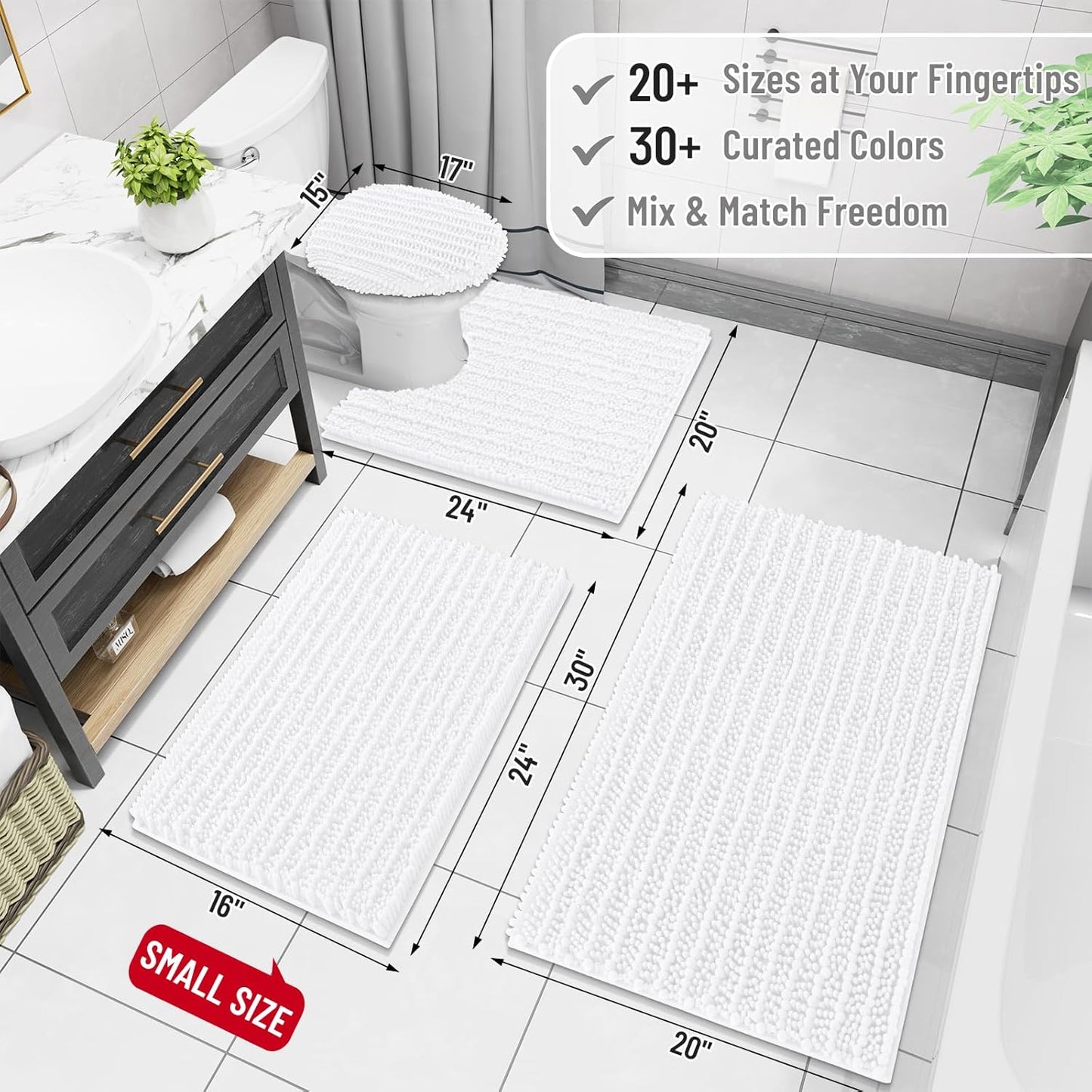 Arotive Luxury Chenille Bathroom Rug Mat, Extra Soft Thick Absorbent Shaggy Bath Rugs, Non-Slip Machine Wash Dry, Plush Bath Mats for Bathroom, Shower and Tub, 44x32, White