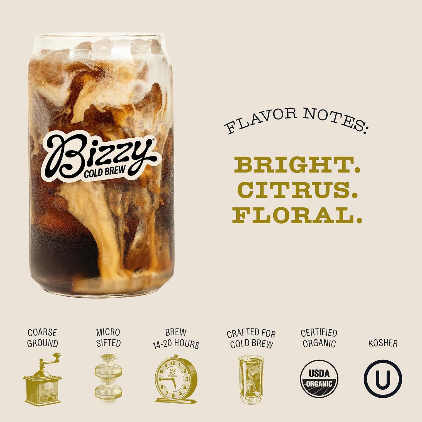 Bizzy Organic Cold Brew Coffee | Light & Bright Blend | Coarse Ground Coffee | Light Roast | Micro Sifted | Specialty Grade | 100% Arabica | Brew Bags | 4 Count | Makes 14 Cups
