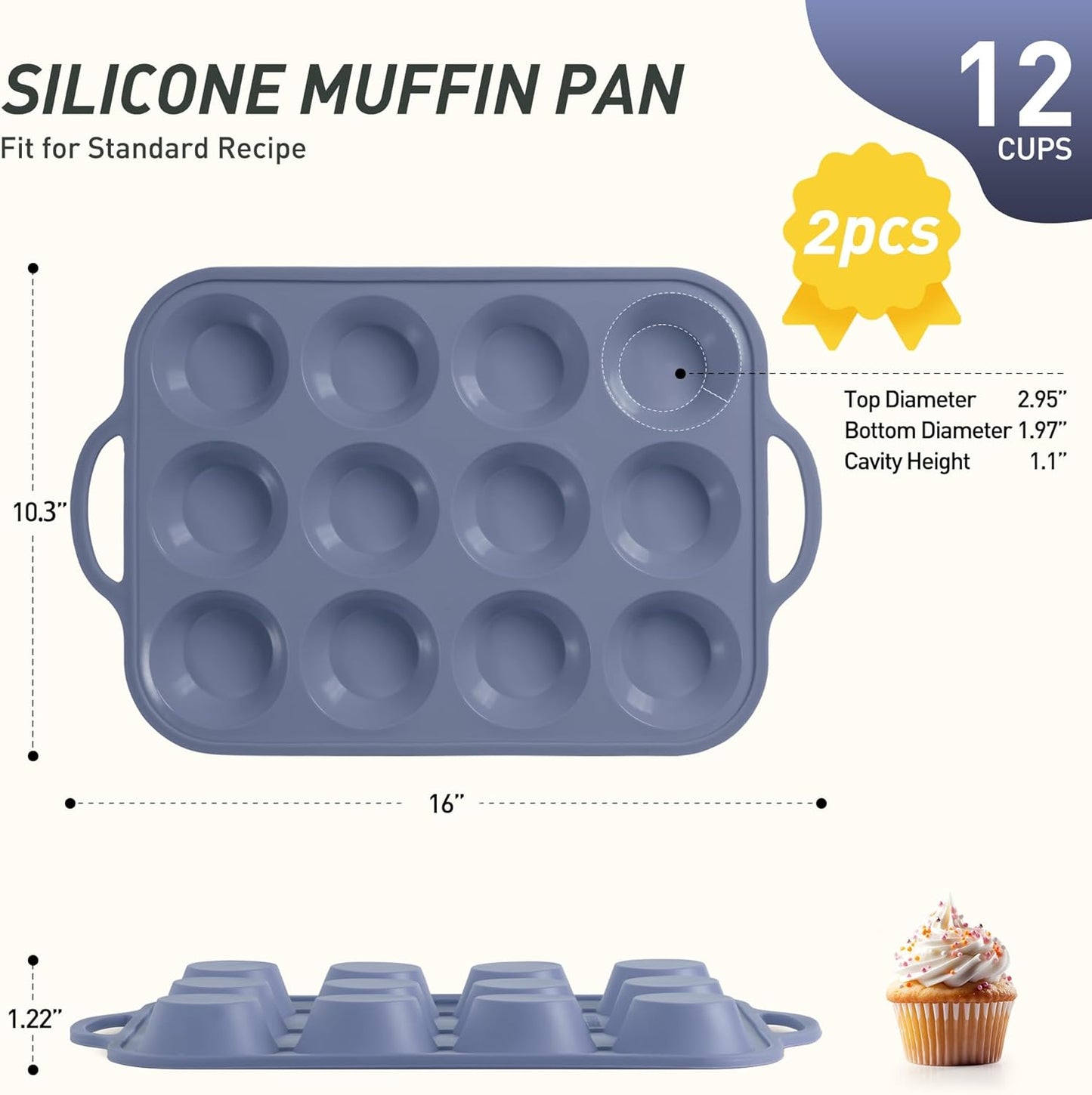 2 Packs 12 Cups Silicone Muffin Pan with Metal Reinforced Frame Regular Size Cupcake Pan Tray Egg Bites Silicone Circle Cookie Molds Muffin Tin Tart Pans Baking Sheet Set for Breakfast Sandwiches