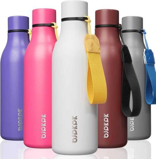 BJPKPK Insulated Water Bottles, 18 oz Stainless Steel Metal Water Bottle with Strap, BPA Free Leak Proof Thermos, Mugs, Flasks, Reusable Water Bottle for Sports & Travel, White