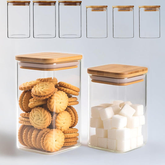 38 oz Glass Food Storage Jars with Airtight Lids, Clear Glass Jar with Bamboo Lid, Airtight Food Canister for Tea, Candy, Coffee, Sugar, Cookie, Snack. (Square| 5+6 Inch) SET of 3