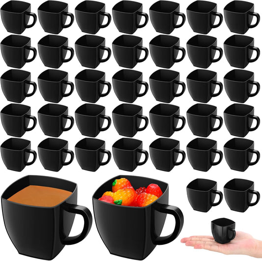 Amyhill 100 Pcs Disposable Tea Cups Mini Plastic Tea Cup Bulk with Handle Hard Plastic Coffee Mug Disposable Square Espresso Mug for Party Catering (Black)