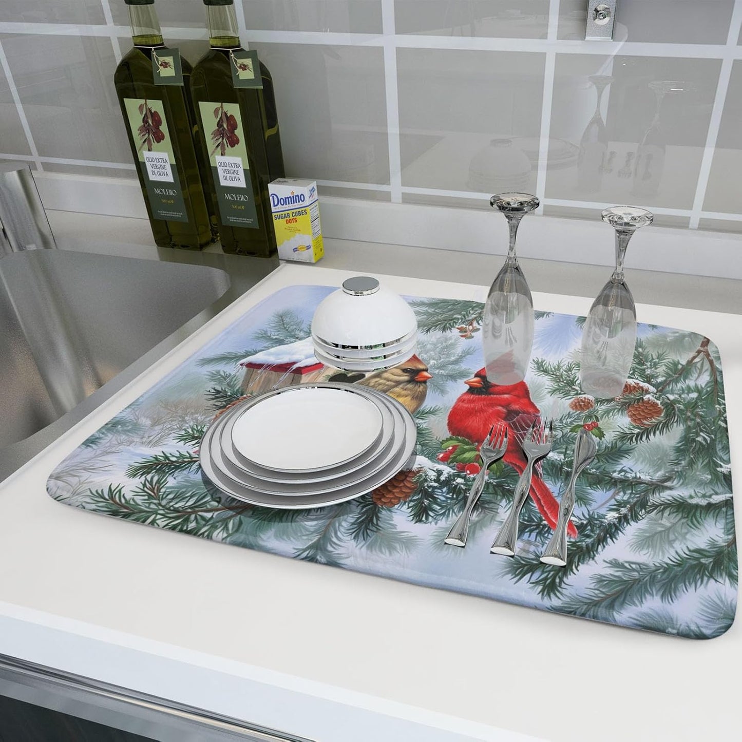 Winter Red Cardinal Bird Dish Drying Mat for Kitchen Counter,Holly Berry Branches Xmas Snowflake Cabin Drying Mat 18 x 24 Inch with High Absorbent Microfiber Drainer Mat for Coffee Bar