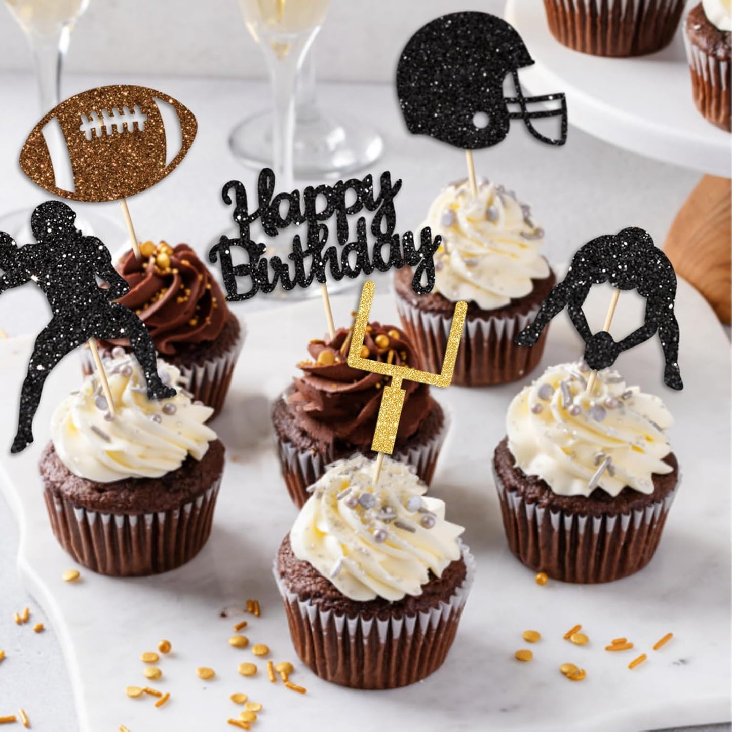36PC Football Cupcake Toppers for Birthday,Glitter Football Cake Toppers for Boys Birthday,Football Birthday Party Decorations Supplies