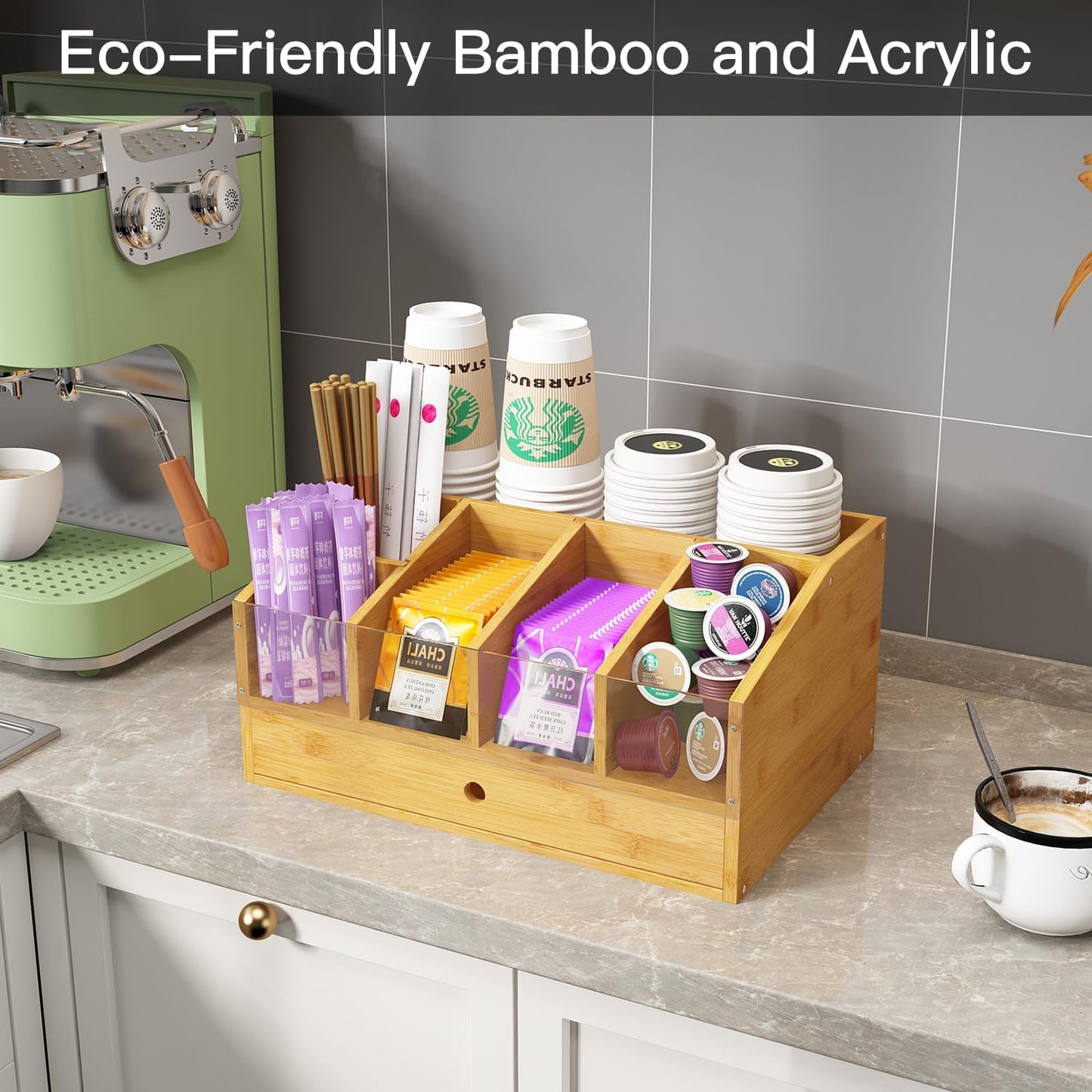 Coffee Station Organizer for Countertop Coffee Condiment Organizer, Office Coffee Station, Small Cute Coffee Bar Organizer – Bamboo & Wooden Storage with Removable Dividers & Drawer