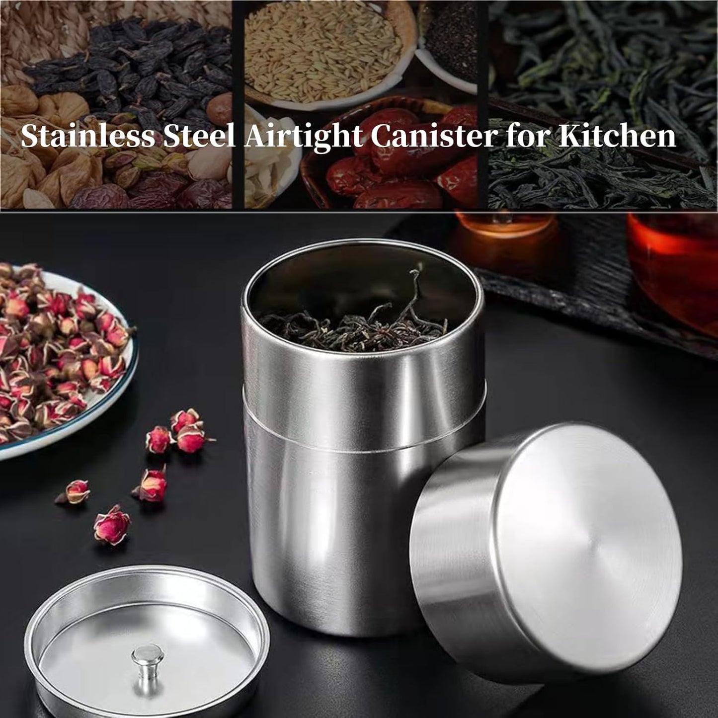 AUNMAS Tea Tin Canister, Stainless Steel Coffee Sugar Storage Container with Airtight Double Lids for Loose Tea, Kitchen Cup for Coffee Sugar Seasoning Storage (550ml)