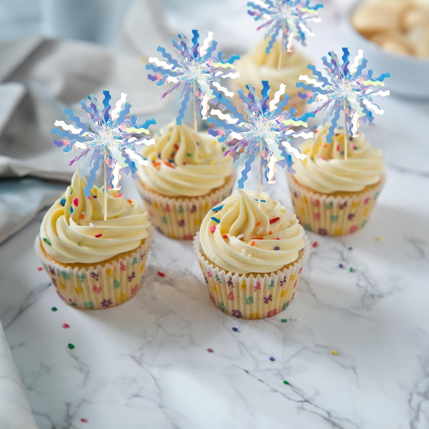 Gyufise 30Pcs Foil Firework Cupcake Toppers Happy Birthday Cake Toppers Tinsel Flower Drink Stirrers Cocktail Food Fruit Toothpicks for Valentine's Day Party Birthday Wedding Supplies Laser Silver