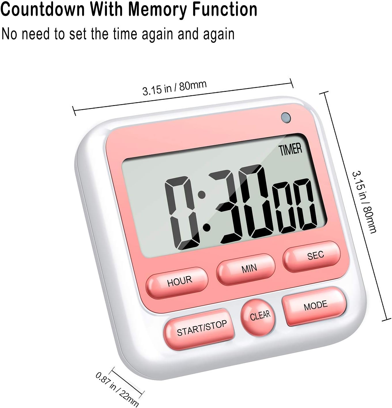 KTKUDY Digital Kitchen Timer with Mute/Loud Alarm Switch ON/Off Switch, 24 Hour Clock & Alarm, Memory Function Count Up & Count Down for Kids Teachers Cooking, Large LCD Display, Strong Magnet (Pink)