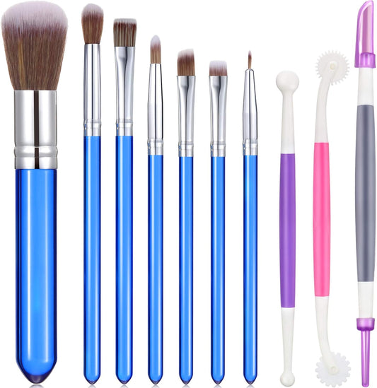Patelai 10 Pcs Food Safe Paint Brushes Fondant Tools for Cake Baking Chocolate Sugar Cookie Decoration Cake Brushes for Luster Dust Pastry Decorating Supplies with Fondant and Gum Paste Tool(Blue)