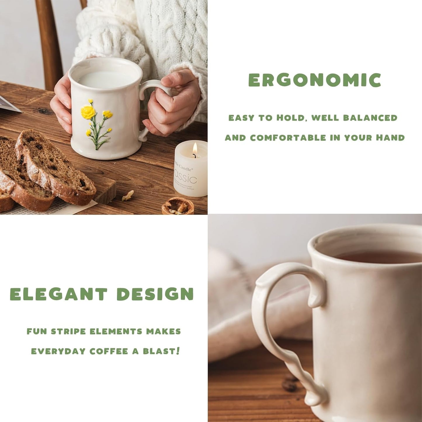 2 Pack Floral Ceramic Coffee Mugs - Yellow and Blue Flowers, Hand-Painted, Microwave & Dishwasher Safe, Ideal for Cappuccino, Tea, Hot Chocolate