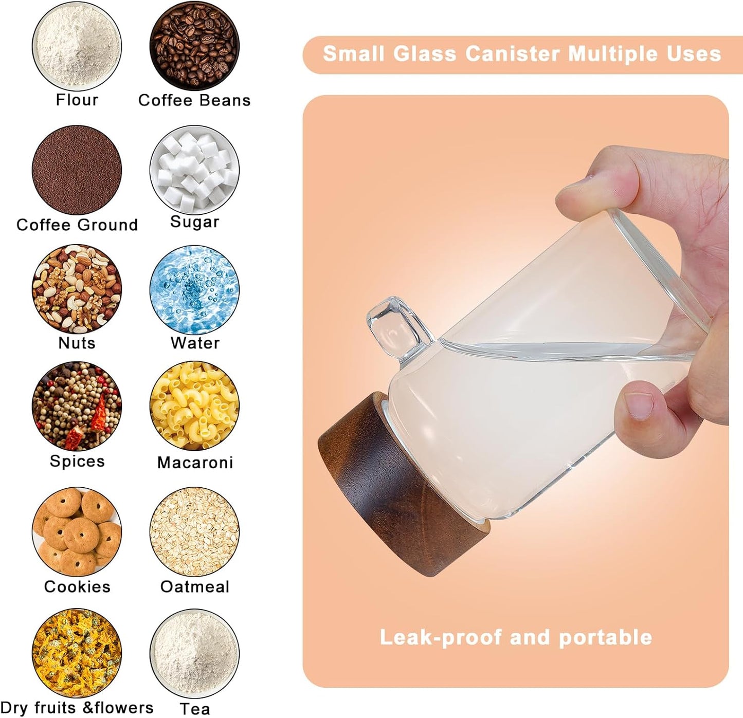 Glass Coffee Jars Spice Jar Round Storage Canister with Wooden Lid Clear Glass Food Jar for Pantry Sugar Tea Coffee Bean Spice Nuts Cookies Bath Salts (2×250ml(8.4oz) with scoop)