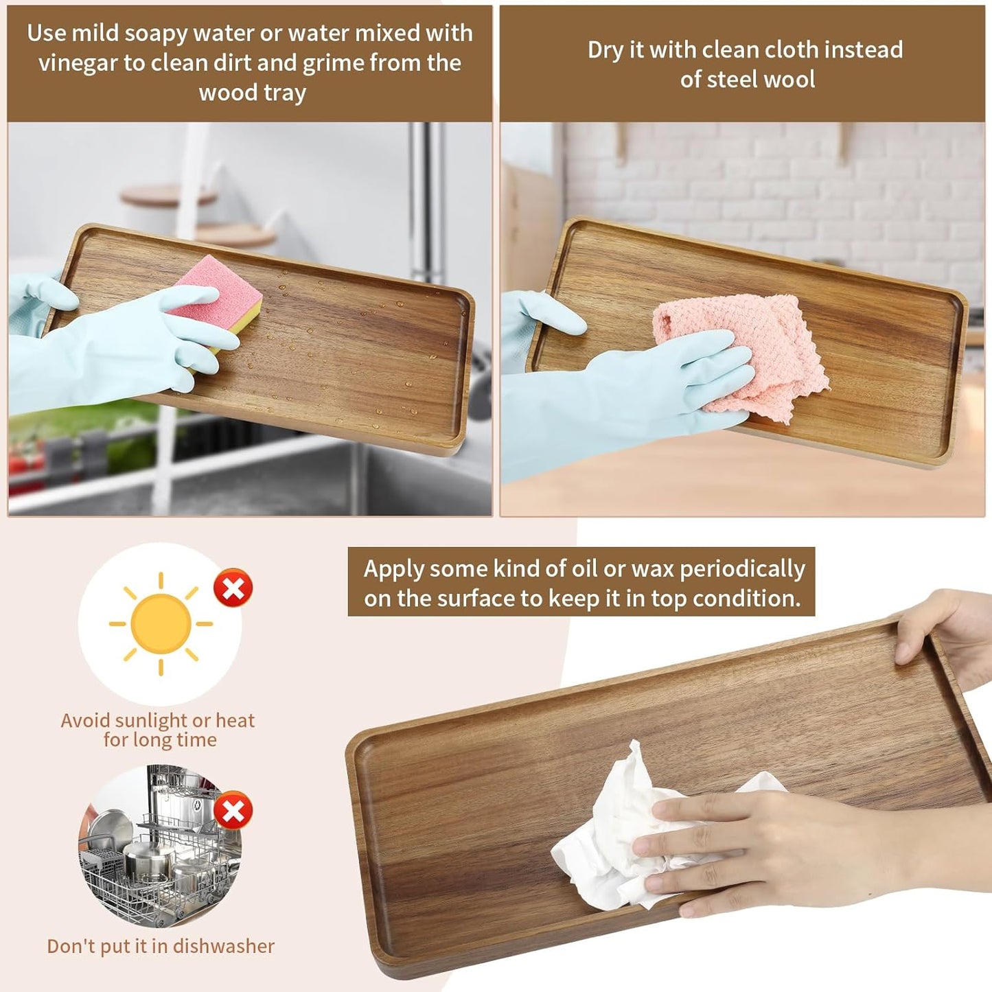 2 pcs 15.7" x 7" Large Solid Acacia Wood Serving Trays Rectangular Wooden Serving Platters Natural Wooden Boards for Bar Coffee Party