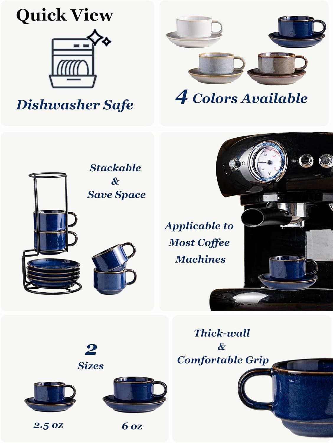 Gomakren 2.5 Ounce Espresso Cups Set of 4, Small Stackable Coffee Cups with Saucers and Metal Stand, Porcelain Demitasse Cups for Specialty Coffee Drinks, Espresso, Cappuccino, Latte, Tea, Cobalt Blue