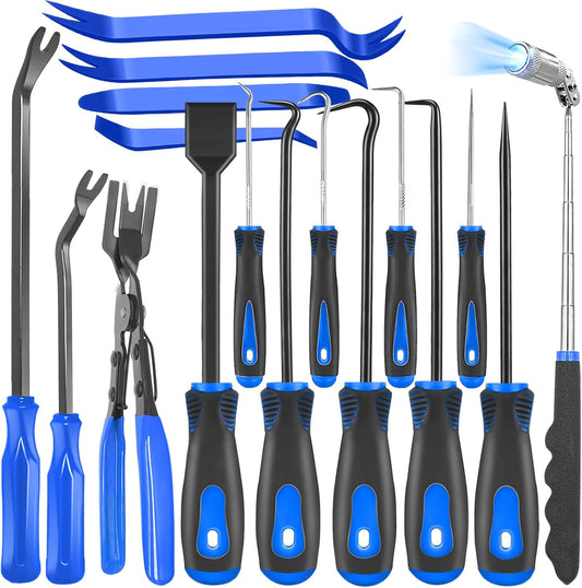 17Pcs Mechanic Hook and Pick Tool Set & Car Trim Removal Kit with Fastener Clip Pliers,Rivet Puller,Magnetic Pickup,Gasket Scraper,Non-Scratch Plastic Pry Tools for Automotive Repair-Blue