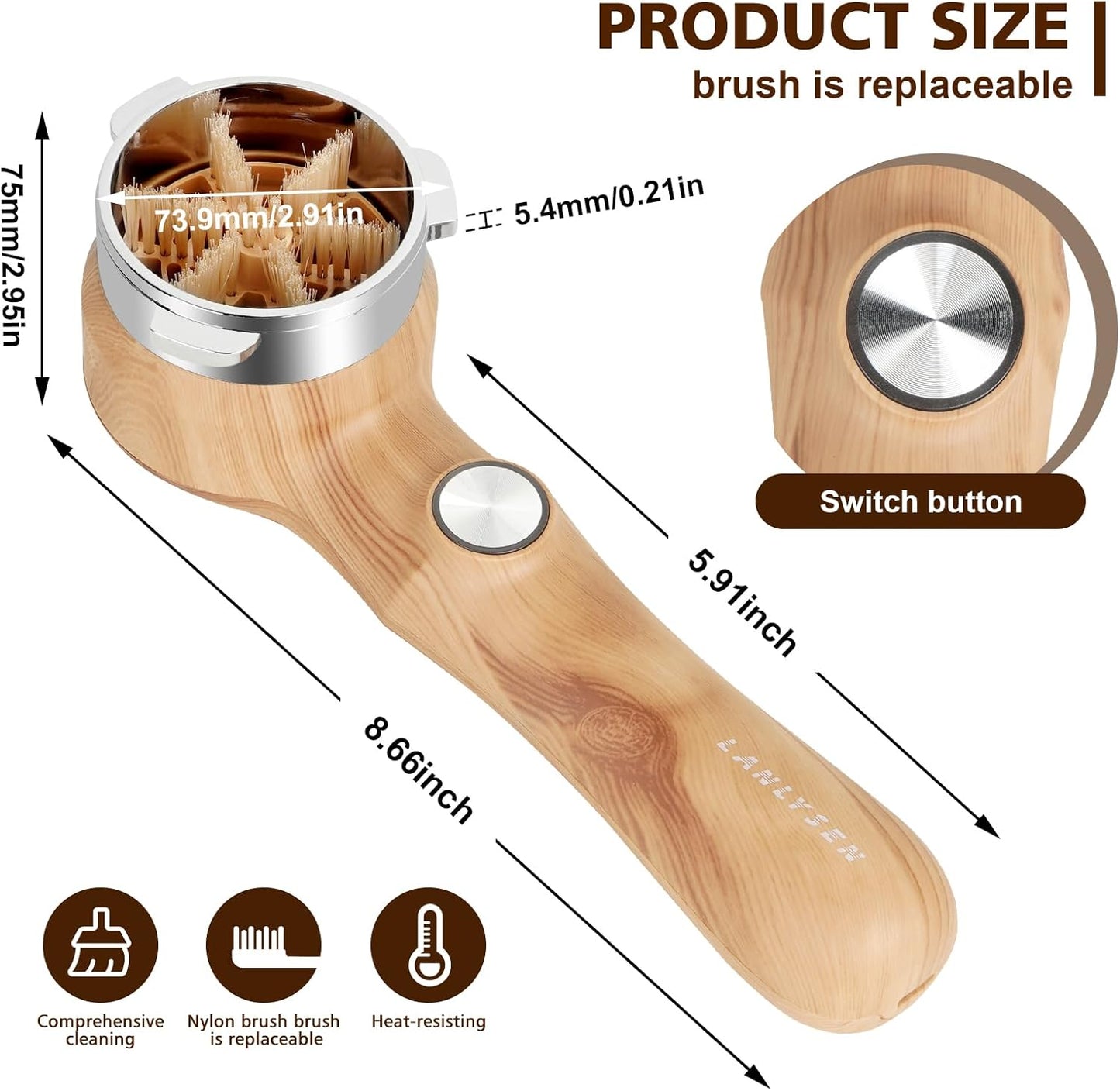 Espresso Coffee Machine Cleaning Brush Wood grain color espresso machine electric cleaning brush 360° Totally enclosed cleaning espresso brush Compatible with 54mm Breville Machines