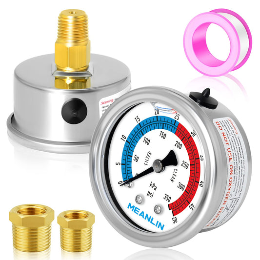 MEANLIN MEASURE 1/4" NPT 0-50psi Pressure Gauge, 2" Dial Glycerine Filled Pool Filter, 304 Stainless Steel Housing, Back Mount, with 1/2" NPT and 3/8" NPT Hex Bushing