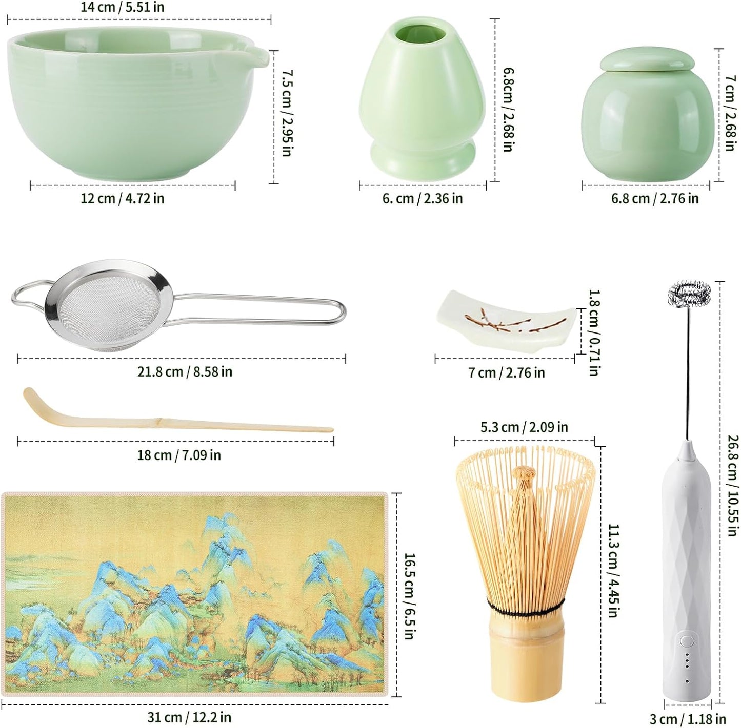 Matcha Whisk Set,9 Pcs Japanese Matcha Set Pink, Matcha Kit with Sifter, Matcha Tea Cloth, Matcha Powder Canister, Electric Rechargeable Frother(Green)