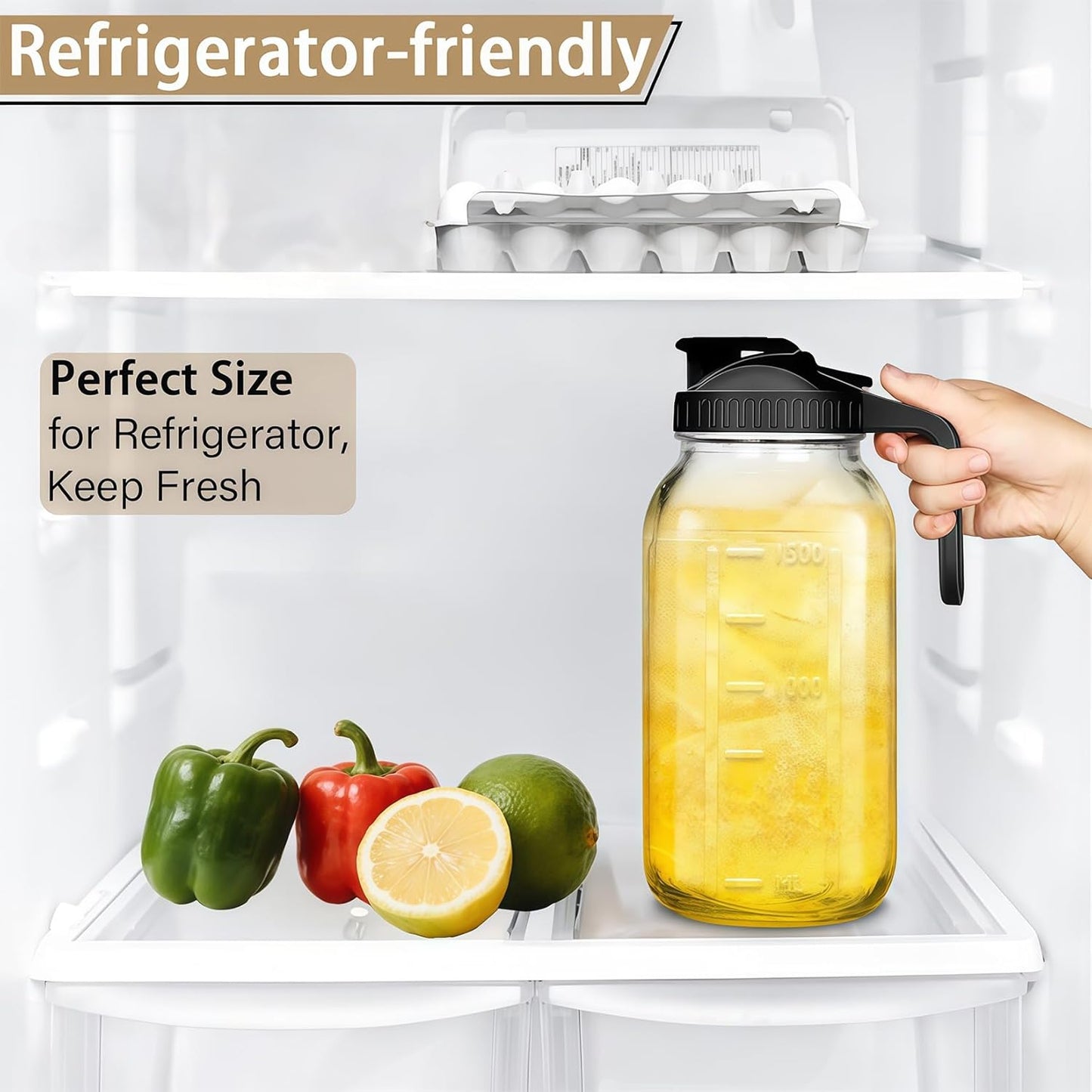 32oz Glass Pitcher with Handle and Lid, 1 Quart Mason Jar Pitcher - Airtight & Leakproof Water Jug with Pour Spout Lid, Glass Containers for Fridge, Perfect for Juice, Cold Brew, Iced & Sun Tea