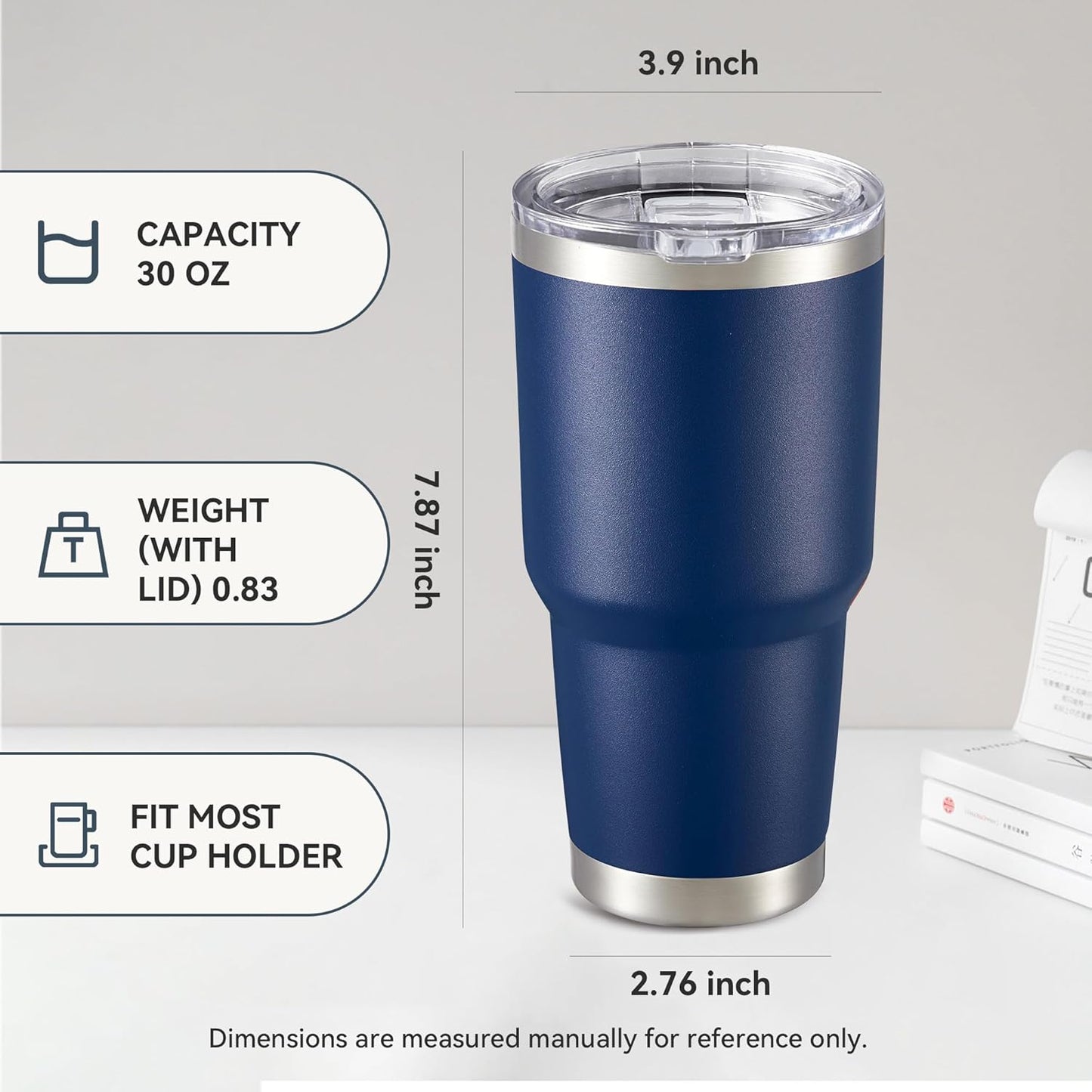 30 oz Tumbler with Lid Stainless Steel Tumblers Vacuum Insulated Cup Reusable Powder Coated Travel Mug Double Wall Leak Proof Portable Cups Keep Cold Drinks for 12 Hours, Navy, 1 Pack