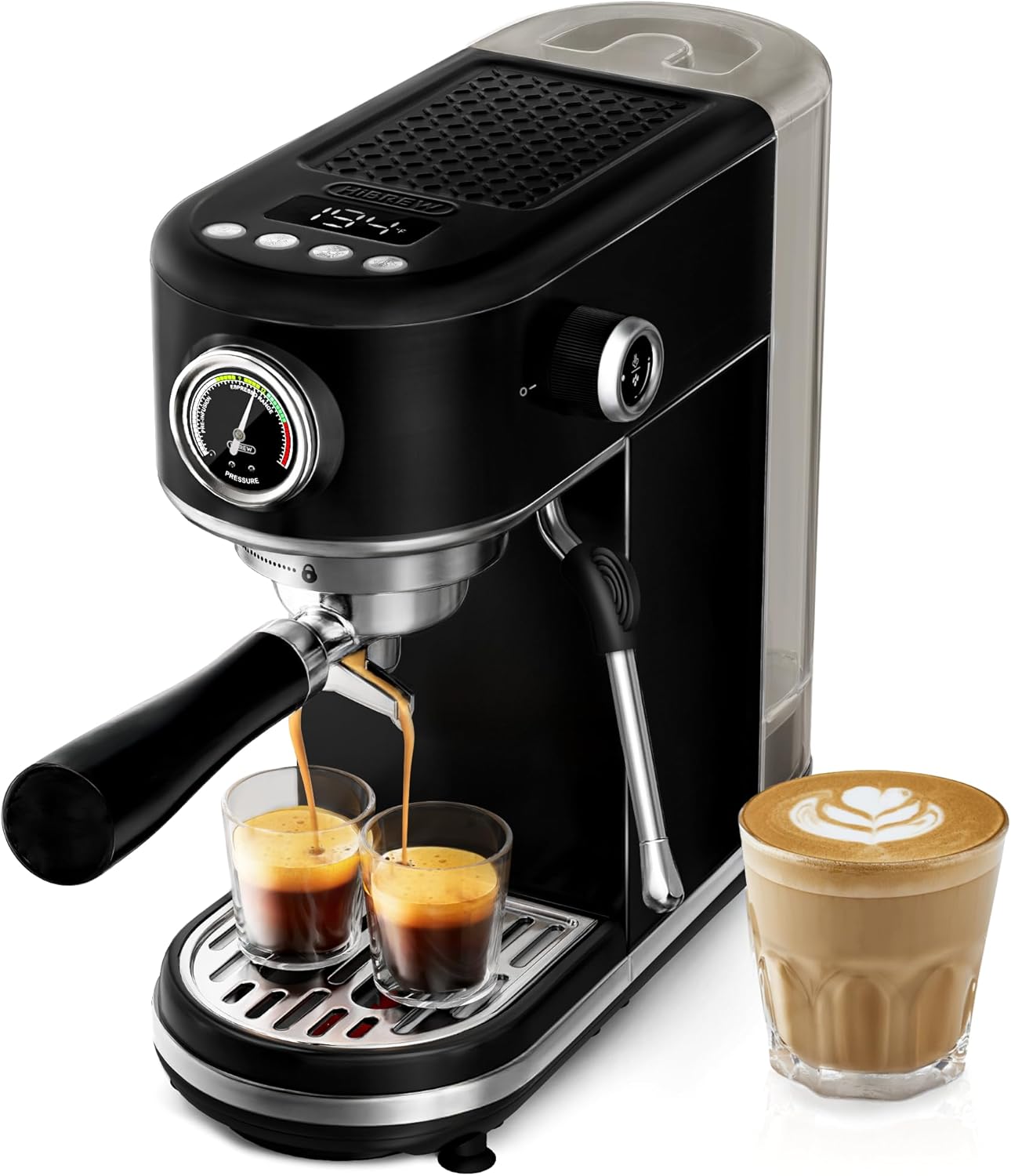 HIBREW H10B - 51mm Espresso Machine - Temperature & Cup Volume Adjustable at will - With Intelligent Display Screen & Pressure Gauge - Stainless Steel Body (Black)