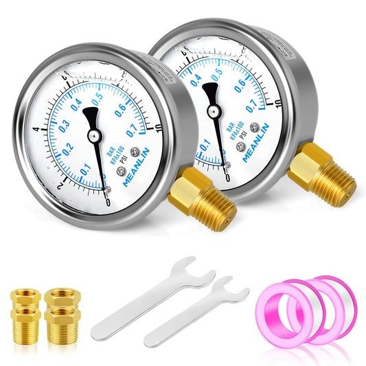 MEANLIN MEASURE 0~10Psi Stainless Steel 1/4" NPT 2.5" FACE DIAL,Liquid Filled Pressure Gauge,WOG Water Oil Air Lower Mount (Pack of 2), with 1/4" x 1/2" NPT and 1/4" x 3/8" NPT Hex Bushing
