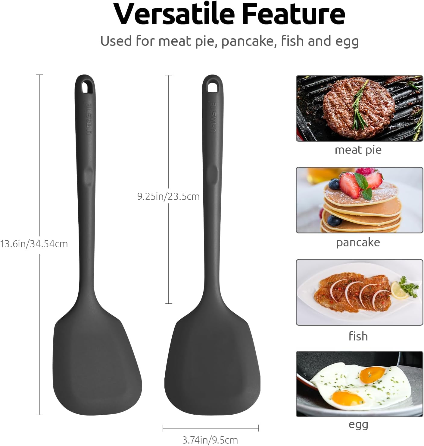 600ºF Heat Resistant Silicone Turner: U-Taste 13.6in Solid Kitchen Spatula Flipper, Food Grade Flexible & Thin Rubber Seamless Cooking Utensil for Flipping Egg, Pancake in Nonstick Cookware (Black)