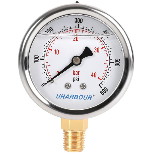 Glycerin Filled Pressure Gauge 600psi/40bar, Stainless Steel case, Brass Inside Construction, 2-1/2" dial, 1/4" NPT Rear Connection.