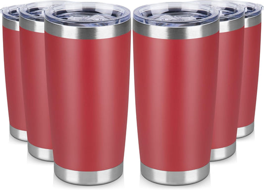 20 oz Tumbler Stainless Steel Tumblers Bulk with Lid Double Wall Insulated Coffee Tumbler Cups for Hot & Cold Drinks Powder Coated Travel Coffee Tumbler Mug Metal (Red, 6 pack)