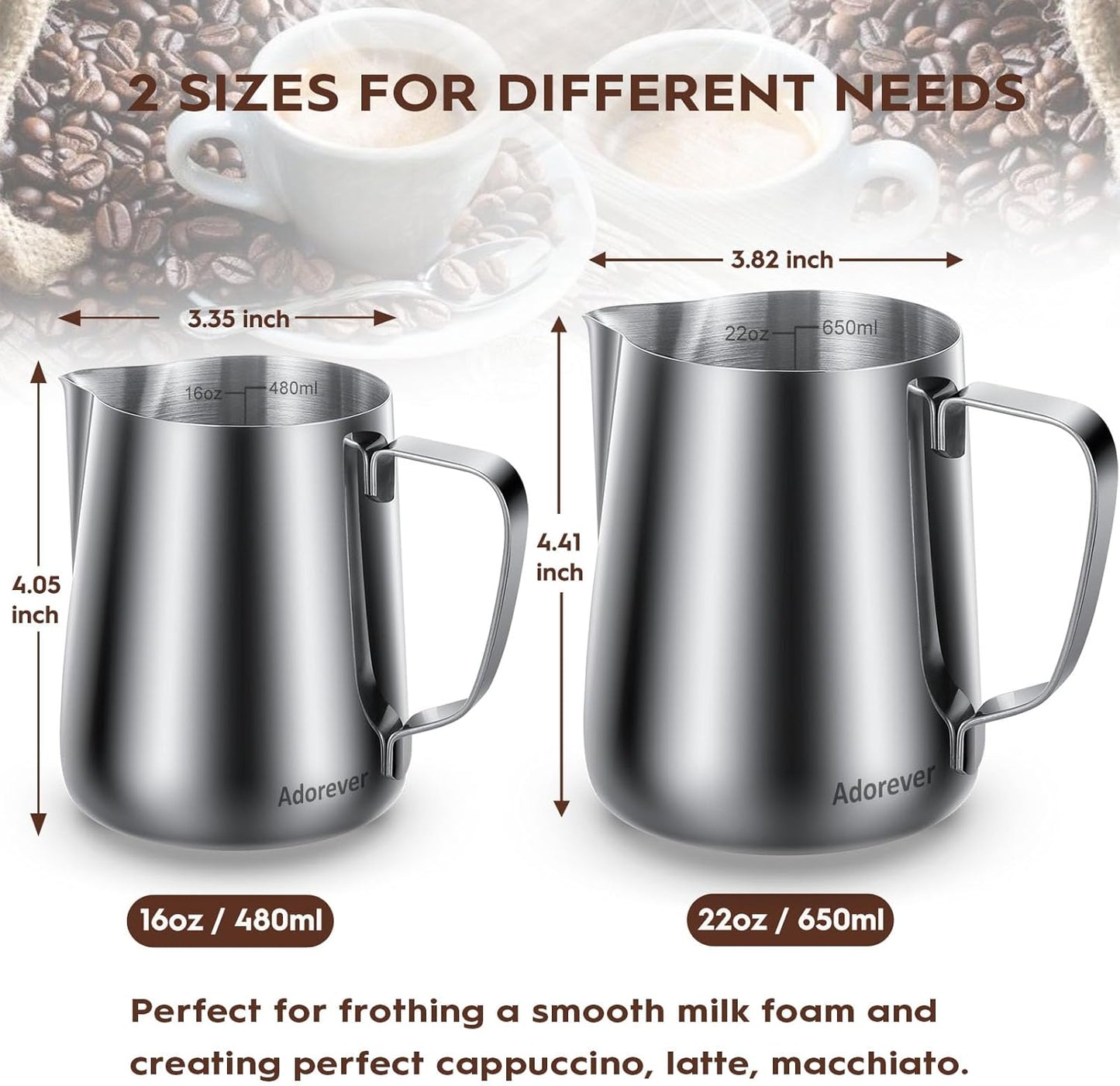 Adorever Milk Frothing Pitcher, 16oz 480ml Milk Frother Cup Stainless Steel Steaming Pitcher, Coffee Bar Cappuccino Espresso Machine Accessories Barista Tools, Steamer Cup Milk Jug with Latte Art Pen
