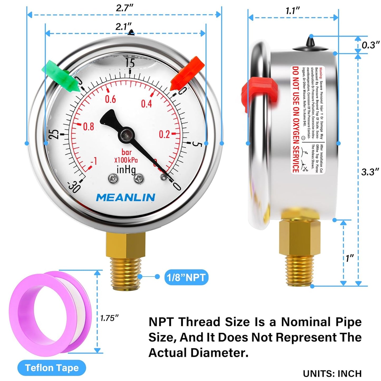 MEANLIN MEASURE -30inHG~0Psi Vacuum Pressure Gauge 1/8" NPT 2.5" FACE DIAL, Stainless Steel Liquid Filled Pressure Gauge WOG Water Oil Air Lower Mount (with 2PCS Snaps)
