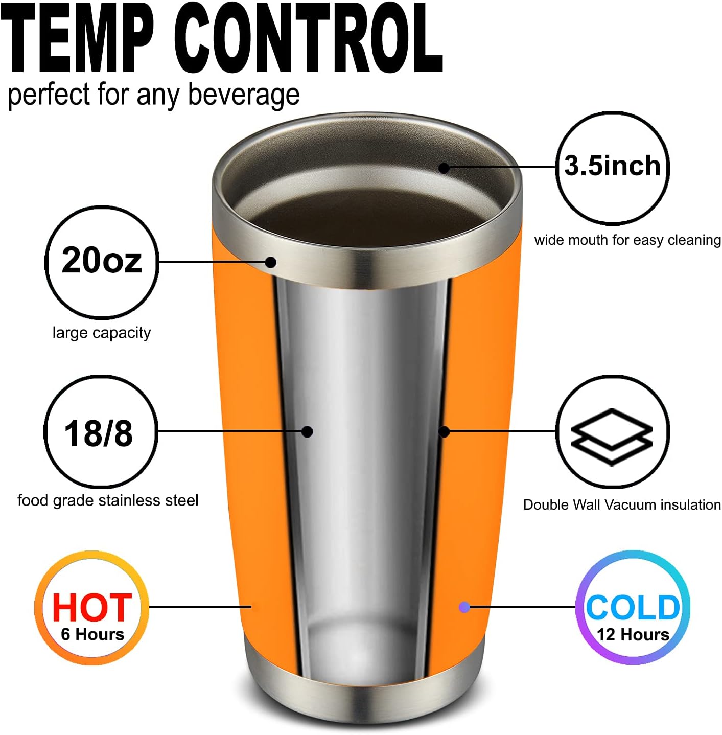 COMOOO 20oz 8 Pack Tumbler Double Wall Vacuum Insulated Coffee Travel Mug Stainless Steel Tumbler Bulk with Lid and Straw Insulated Coffee Cup for Cold & Hot Drinks (Orange, 8 Pack)