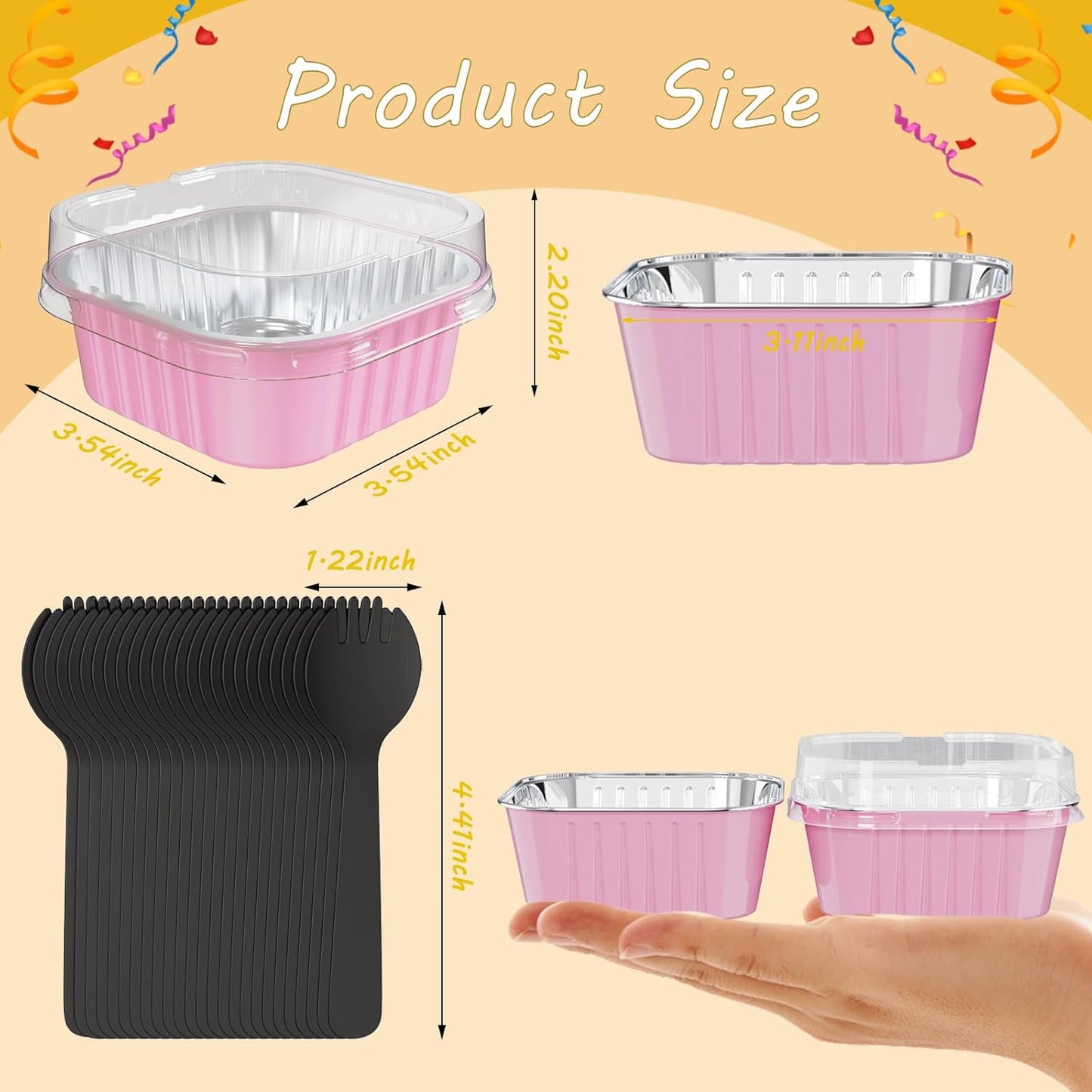 25 Pack Square Mini Cake Pans with Lids,Mini Loaf Pans with Lids,Aluminum Foil Baking Cups,Disposable Ramekins Cupcake Cups,Dessert Cups for Wedding Birthday Party Picnics,5oz (Pink)