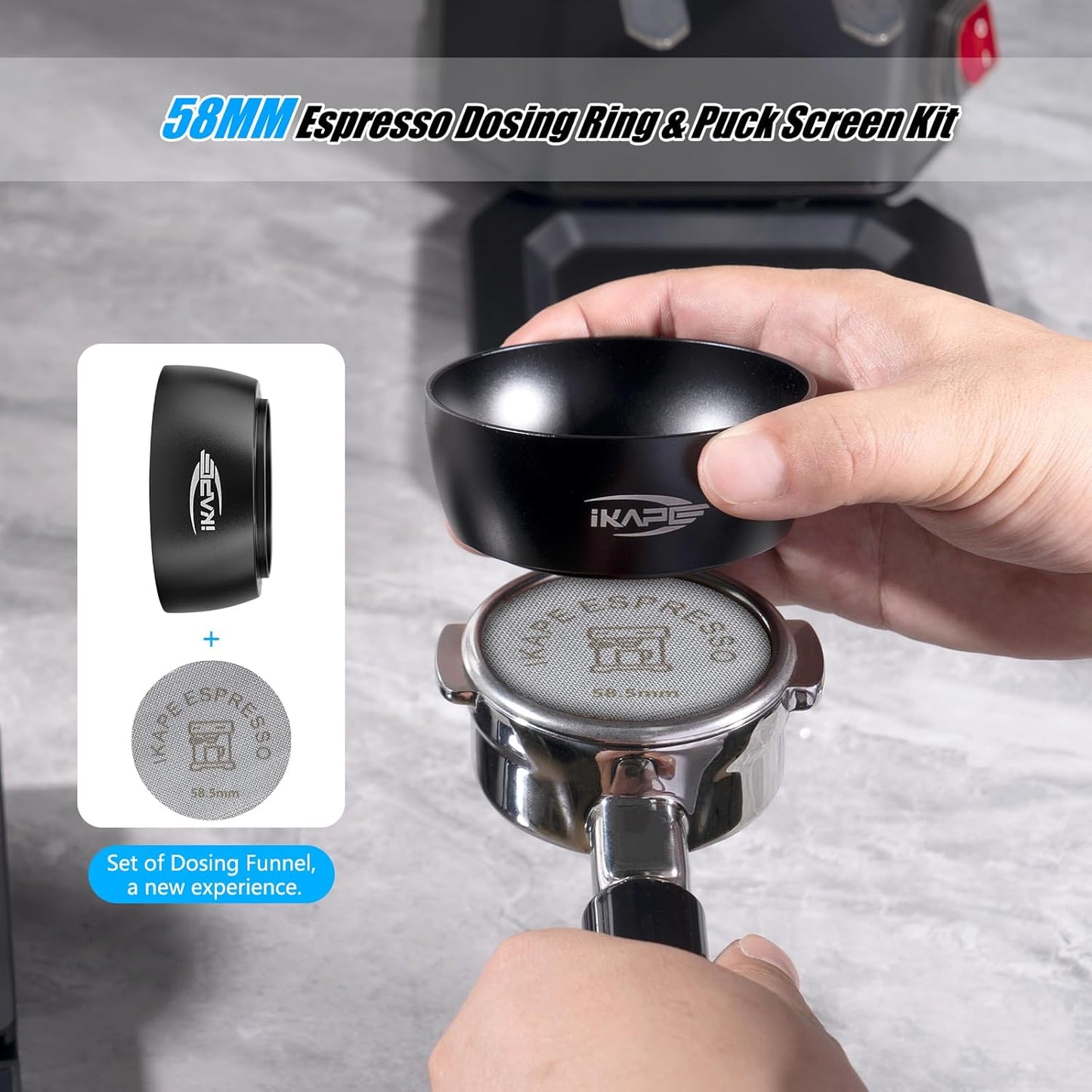 IKAPE Magnetic Dosing Funnel Set, 58MM Espresso Dosing Ring & Puck Screen Kit Compatible with 58MM Bottomless Portafilter - with 10 Small Magnet (Black)