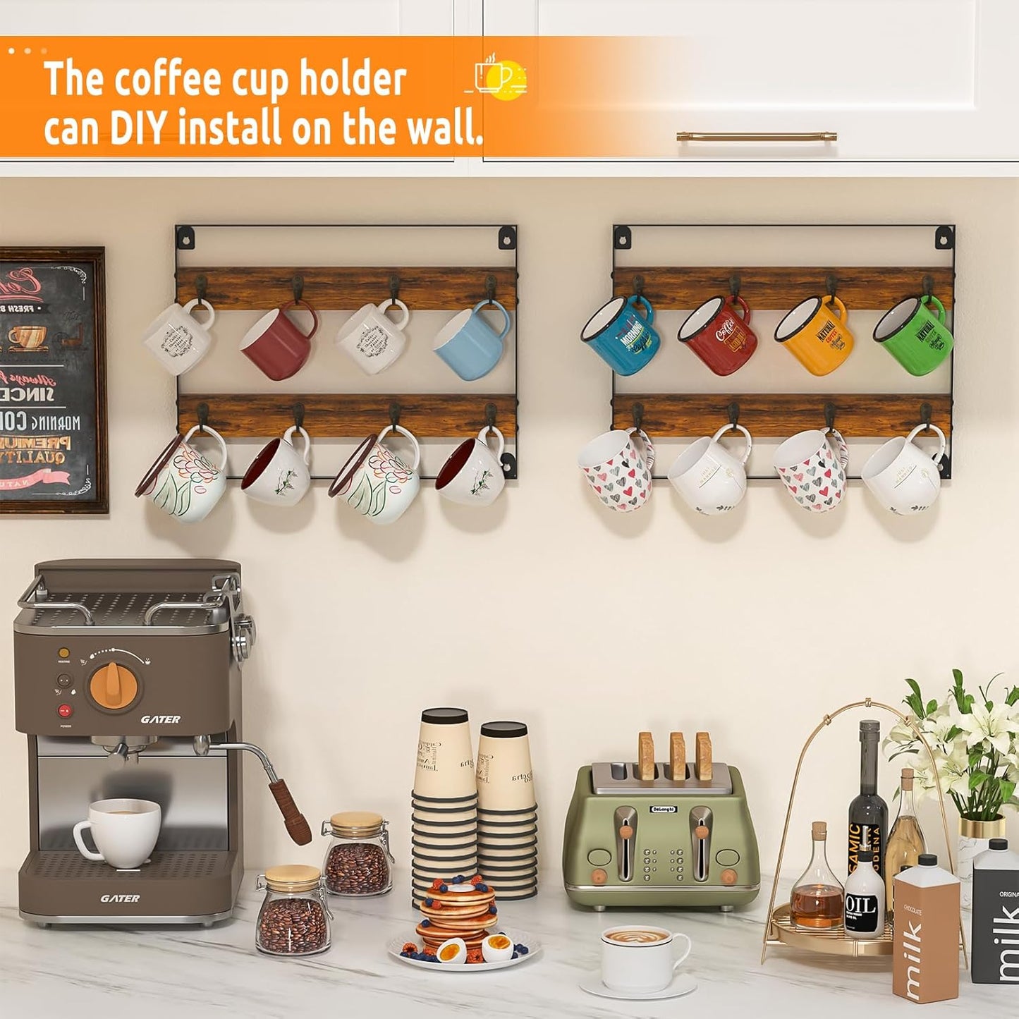 Coffee Mug Holder Rack Organizer - Wall Mounted Rack to Hold Up to 16 Mugs (2Pack), Rustic Wood Cup Organizer Rack & Display Shelf for Kitchen, Coffee Bar, Home, Office
