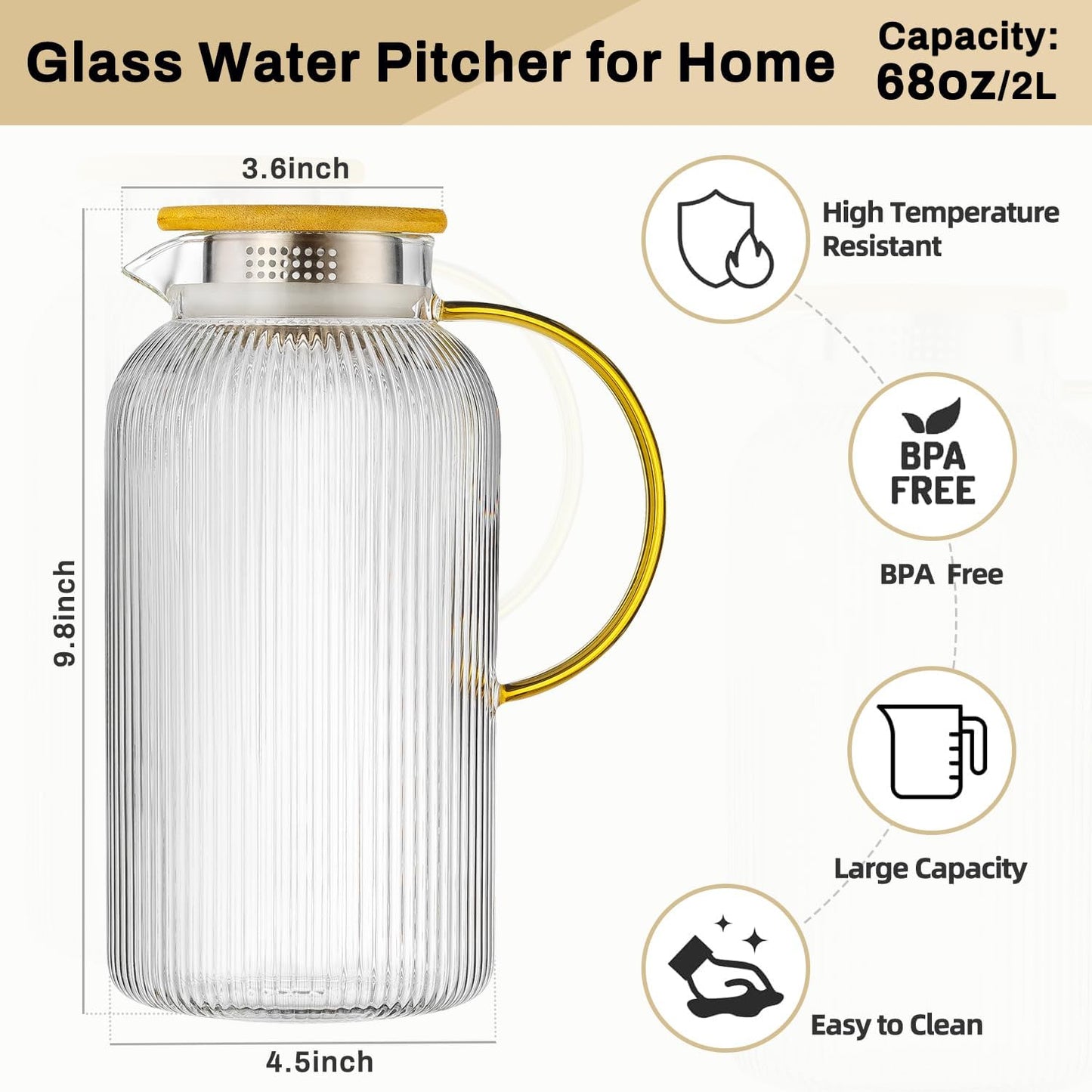 Glass Pitcher with Lid, 2 PACK 68 oz/2 Liter Vertical Water Pitcher With Serving Tray, Clear Borosilicate Glass Water Carafe for Cold Brew, Coffee, Lemonade, Iced Sun Tea,Beverage,Heat Resistant