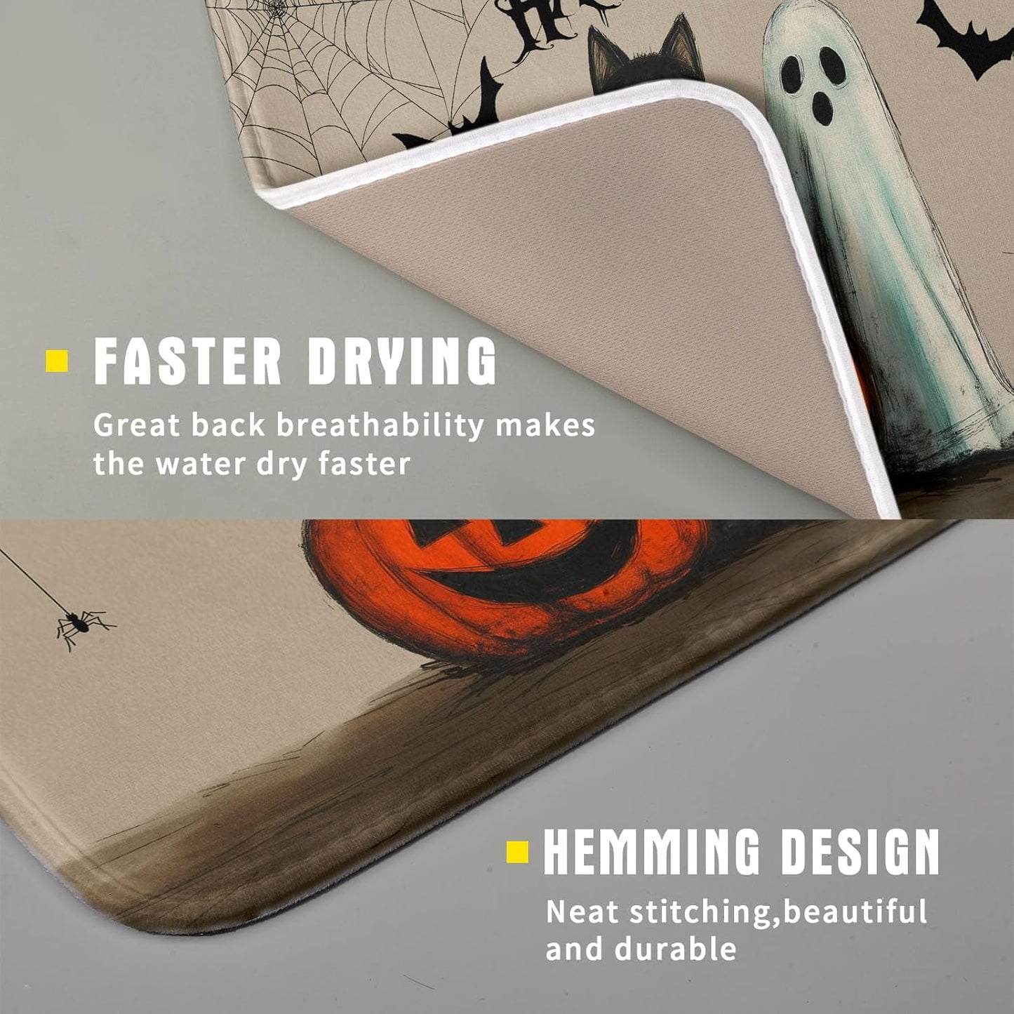 Happy Halloween Black Cat Ghost Dish Drying Mat for Kitchen Counter,Halloween Pumpkin Spiderweb Bat Drying Mat 16 x 18 Inch with High Absorbent Microfiber Drainer Mat for Coffee Bar