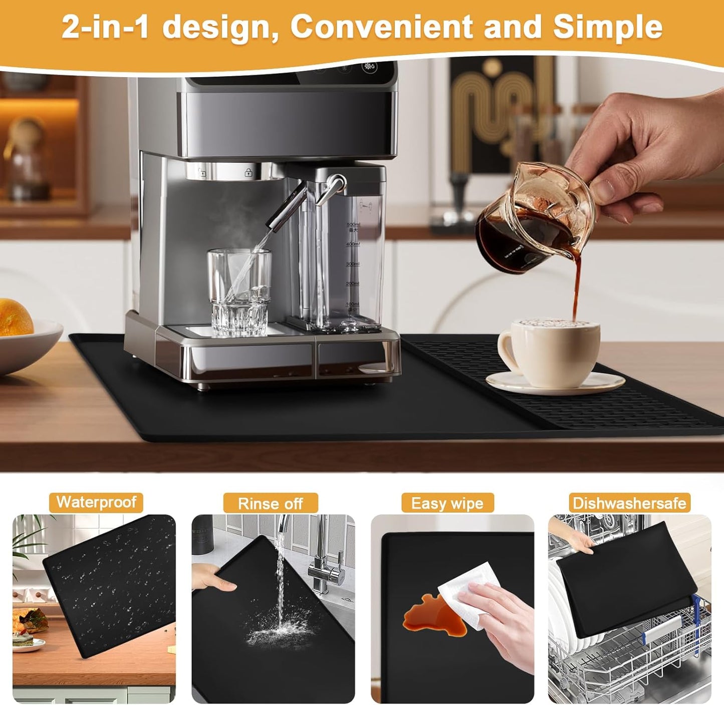 Silicone Coffee mat 24''x16'' – Non-Slip Bar Mat with Detachable Drying Layer for Espresso Machines, Countertops & Dish Racks-Black