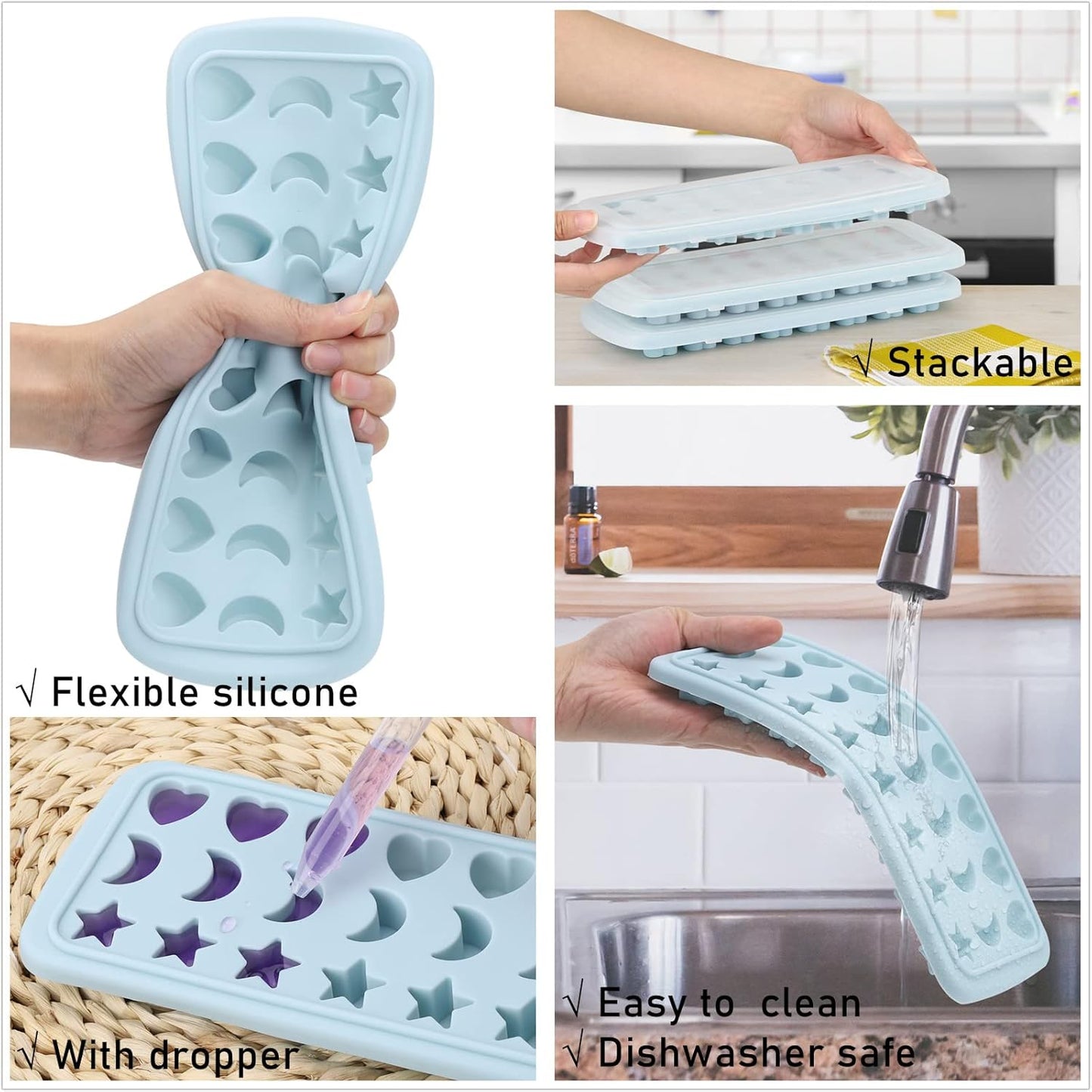 Moon Stars and Heart Ice Cube Tray Silicone Molds with Liquid Dropper，Easy Release Ice Trays with Lid, 24 Cavity Heart Mold for Ice Cubes, Gelatine, Chocolate, Baking and Candy