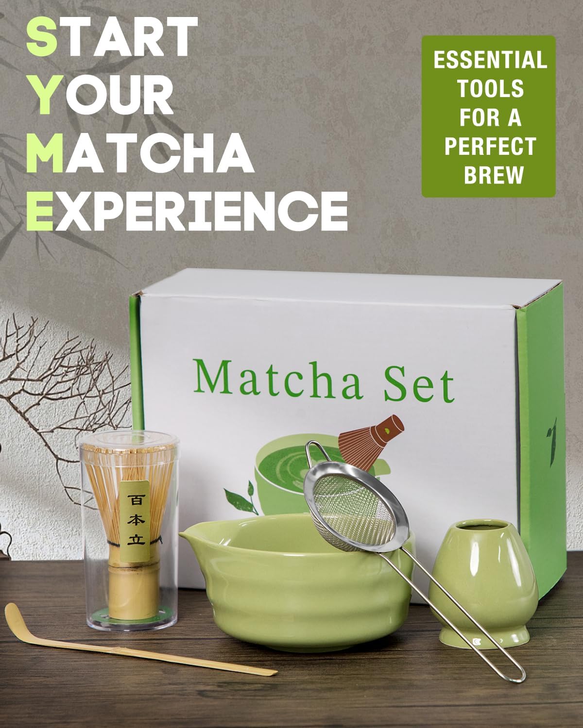 Matcha Whisk Set - 5PCS Matcha Set Includes 17OZ Chawan with Spout, Bamboo Chasen Whisk with Ceramic Holder, Mat cha Scoop and Stainless Sifter, Matcha Kit for Ceremony, Gift for Matcha Lovers