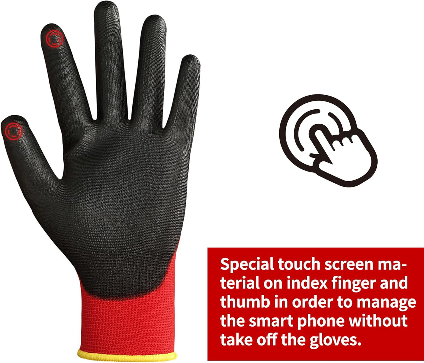 DULFINE Safety Work Gloves PU Coated for Men and Women-12 Pairs,Red Seamless Knit Glove with Two Fingers Touchscreen,Ideal for General Duty Work (XX-Large)