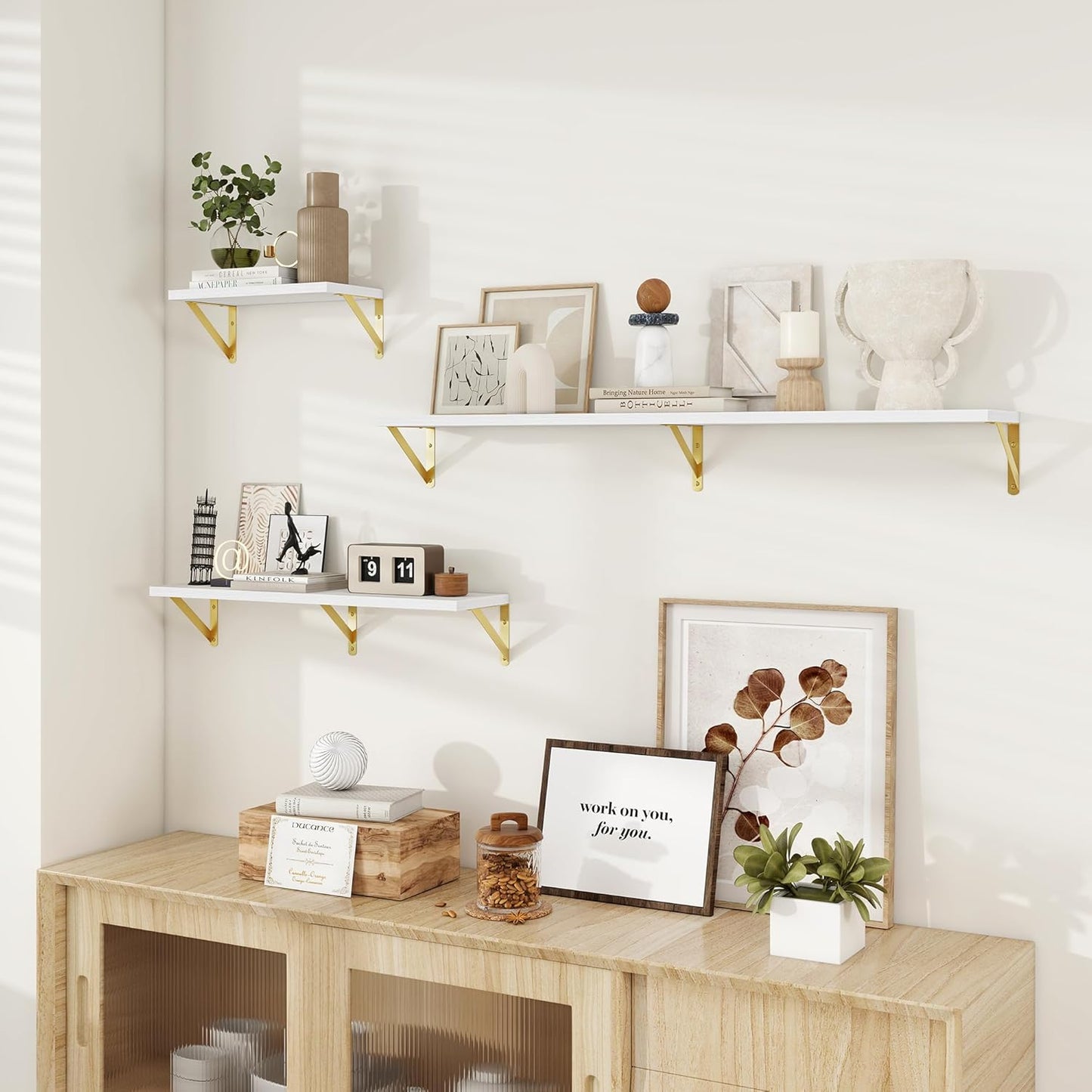 Dreamland White and Gold Shelf, 48W x 8D Wall Mounted Shelves Set of 2, Wide Display Ledge Shelf with Sturdy Metal Brackets for Living Room, Bathroom, Bedroom and Kitchen, White with Gold Brackets