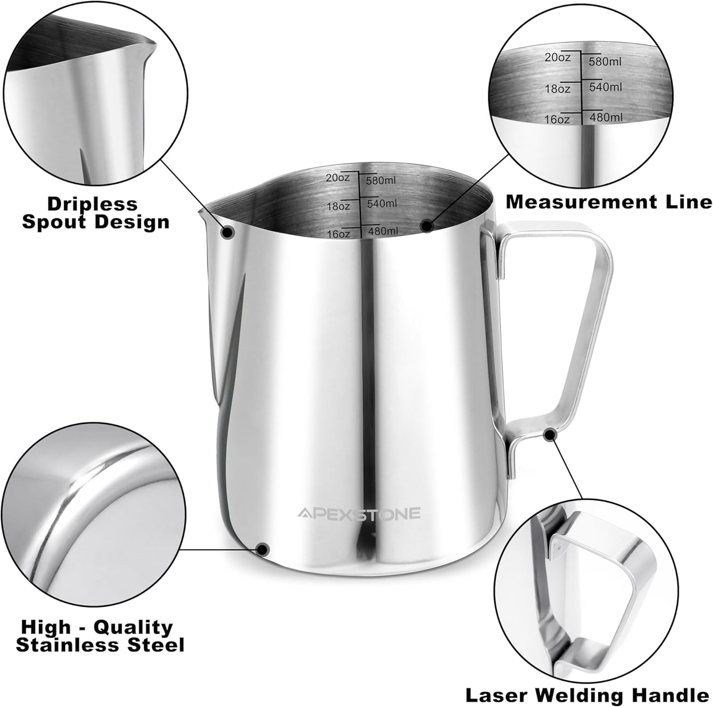 Apexstone Espresso Milk Frothing Pitcher 20 oz, Espresso Steaming Pitcher 20 oz, Coffee Milk Frothing Cup, Coffee Steaming Pitcher 20 oz/600 ml