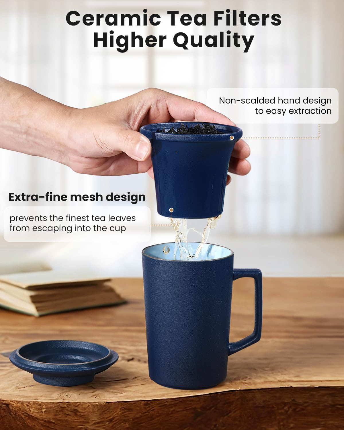 15 OZ Porcelain Tea Infuser Cup with Lid,Ceramic Tea Mug with All-Porcelain Strainers for Loose Leaf Teas,Microwave and Dishwasher Safe Coffee Mug,Metal-Free,BPA-Free,Gifts for Tea-Lover (Blue)