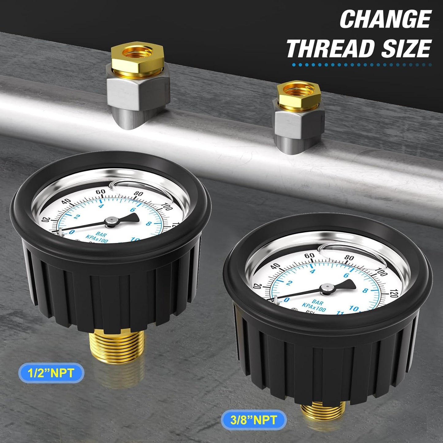 MEANLIN MEASURE 0~160Psi Stainless Steel 1/4" NPT 2.5" FACE DIAL Liquid Filled Pressure Gauge, Center Back Mount (with Rubber Protective Sleeve), with 1/2" NPT and 3/8" NPT Hex Bushing