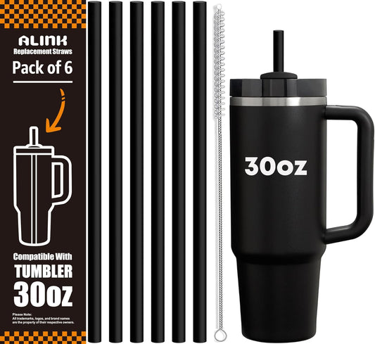 ALINK Black Replacement Straws for Stanley 30 oz Tumbler, DISHWASHER SAFE, 6 Pack Reusable Plastic Straws Compatible with 30oz Stanley Adventure Quencher Cups, Plus Brush