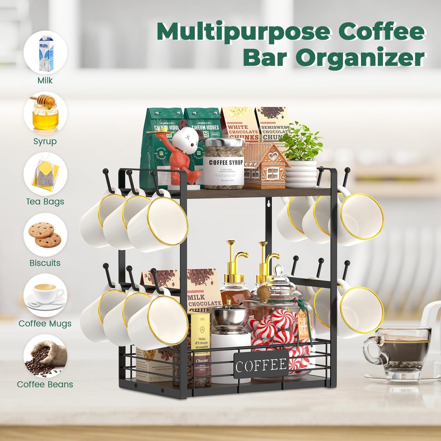 EsLuker.ly Coffee Mug Cup Holder Stand Bar Station Organizer for Countertop, Multi-Functional 2 Tier Mug Tree Rack for Kitchen, Storage Shelf with 12 Hooks, Brown-Black(Patented Design)