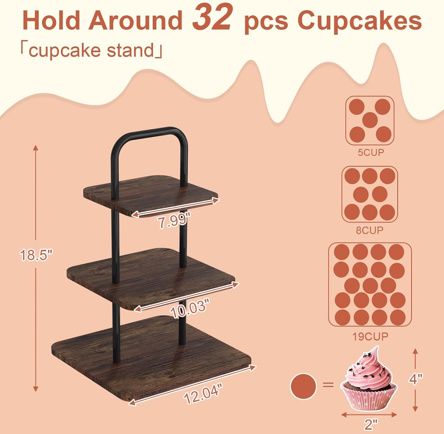 Cupcake Stand, 3-Tier Dessert Stand for 32 Cupcakes, Wood & Metal Tower Display Premium Holder Dessert Tree Tower for Wedding Graduation Birthday Christmas Party, Serving Tray