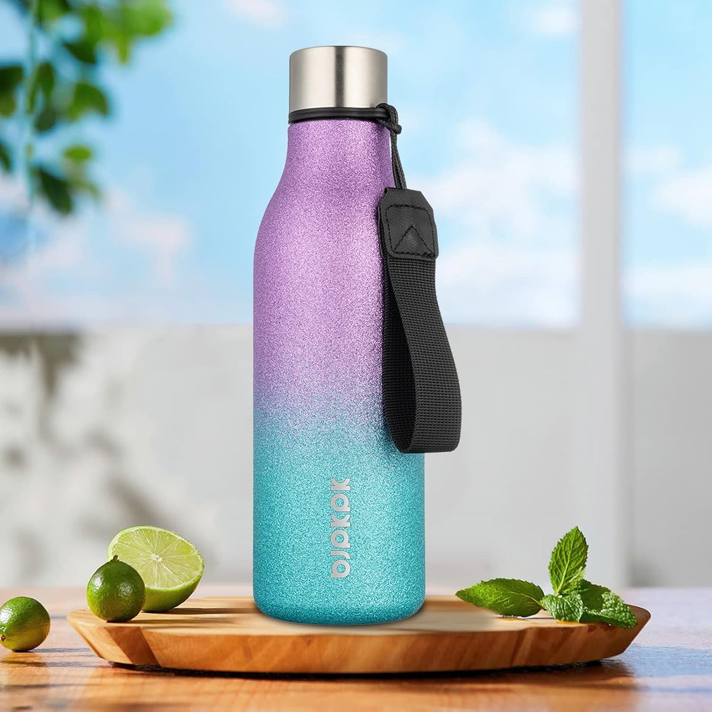 BJPKPK Insulated Water Bottles, 18 oz Stainless Steel Metal Water Bottle with Strap, BPA Free Leak Proof Thermos,Mugs,Flasks, Reusable Water Bottle for Sports & Travel,Sparkling Purple Green
